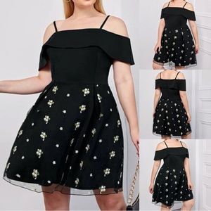 Cold Shoulder Floral Mesh Hem Dress 4XL